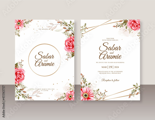 Beautiful wedding invitation template with flowers watercolor