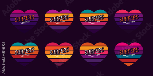 Original vector vintage set. A collection of retro sunset in the shape of a heart with a surf-themed inscription.