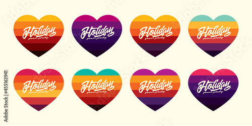 Original vector vintage set. A collection of retro sunset in the shape of a heart with a text composition.