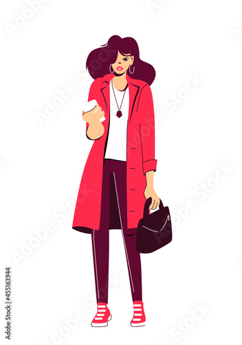 A stressed business woman walks down the street with a phone and a bag. Fashionable full-length portrait. Vector illustration isolated on white background