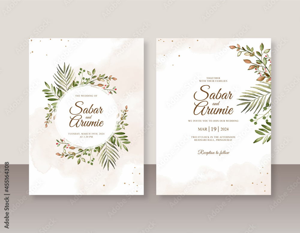 Wedding invitation template with watercolor leaves