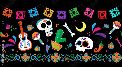 Dia de los muertos - day of the dead seamless border pattern. 