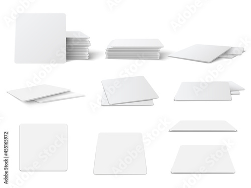 Realistic Round and square table coasters mockup set.