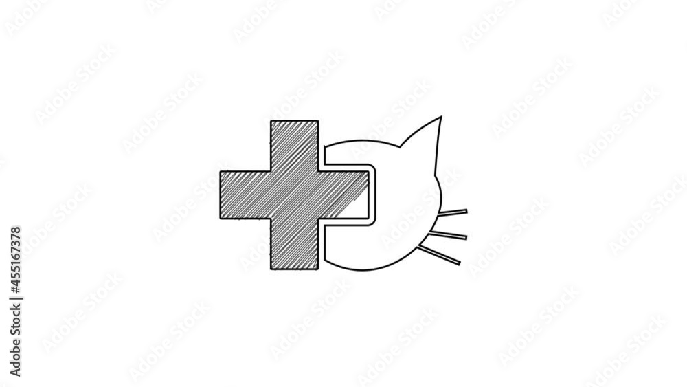 Black line Veterinary clinic symbol icon isolated on white background. Cross with cat veterinary care. Pet First Aid sign. 4K Video motion graphic animation Black line Veterinary clinic symbol icon isolated on white background. Cross with cat veterinary care. Pet First Aid sign. 4K Video motion graphic animation