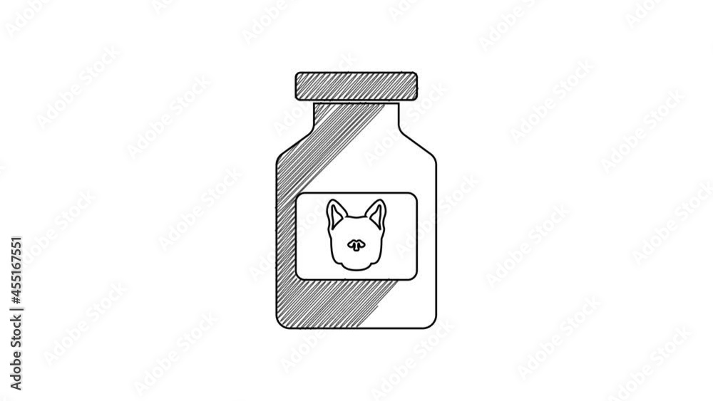 Black line Dog medicine bottle icon isolated on white background. Container with pills. Prescription medicine for animal. 4K Video motion graphic animation Black line Dog medicine bottle icon isolated on white background. Container with pills. Prescription medicine for animal. 4K Video motion graphic animation