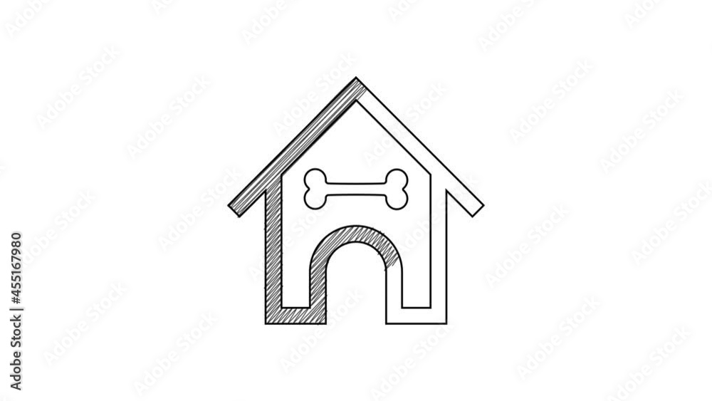 Black line Dog house and bone icon isolated on white background. Dog kennel. 4K Video motion graphic animation Black line Dog house and bone icon isolated on white background. Dog kennel. 4K Video motion graphic animation