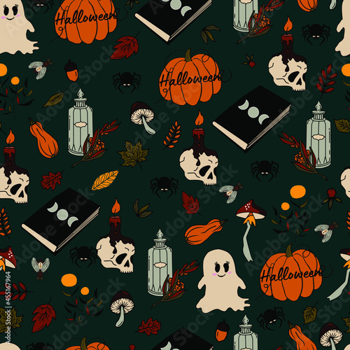 vector seamless pattern halloween eps . Doodle potion and wiccan symbols, pumpkin and skull , mushrooms and autumn leaves