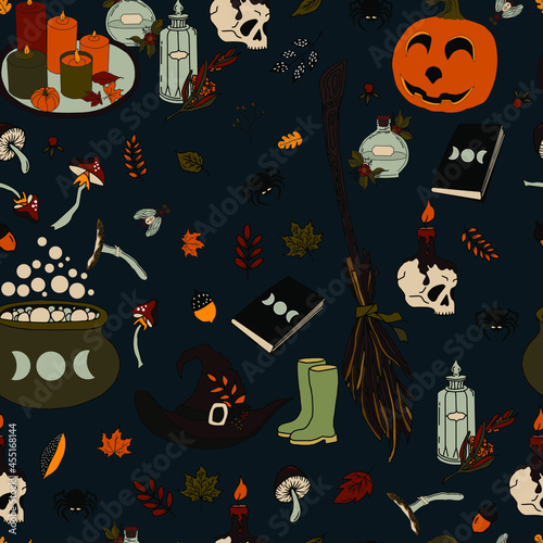 vector seamless pattern halloween eps . Doodle potion and wiccan symbols, pumpkin and skull , mushrooms and autumn leaves