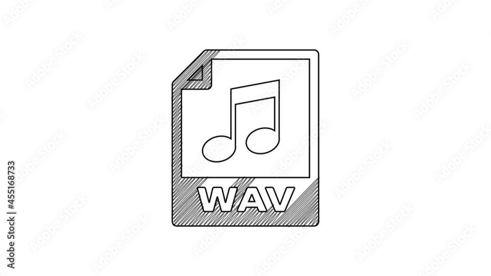 Black line WAV file document. Download wav button icon isolated on white background. WAV waveform audio file format for digital audio riff files. 4K Video motion graphic animation Black line WAV file document. Download wav button icon isolated on white background. WAV waveform audio file format for digital audio riff files. 4K Video motion graphic animation