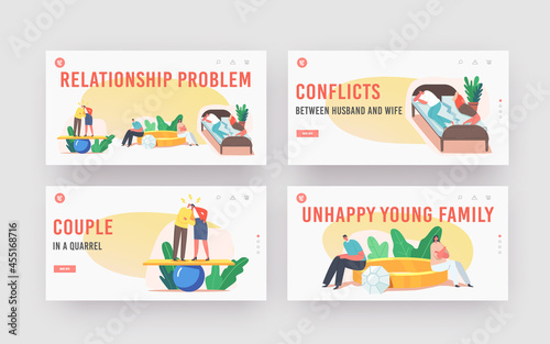 Relation Problems Landing Page Template Set. Couple Troubles, Quarrel, Husband and Wife Characters Scandal, Family Swear