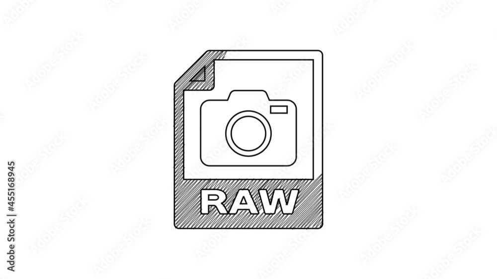 Black line RAW file document. Download raw button icon isolated on white background. RAW file symbol. 4K Video motion graphic animation Black line RAW file document. Download raw button icon isolated on white background. RAW file symbol. 4K Video motion graphic animation