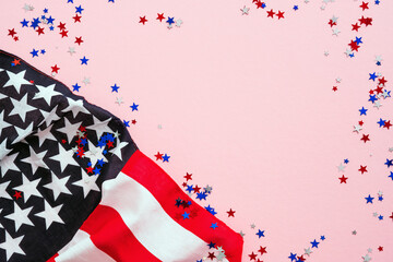 USA Veterans Day banner design. American flag and confetti on pink background. USA Independence Day, Memorial Day, US Labor day concept.