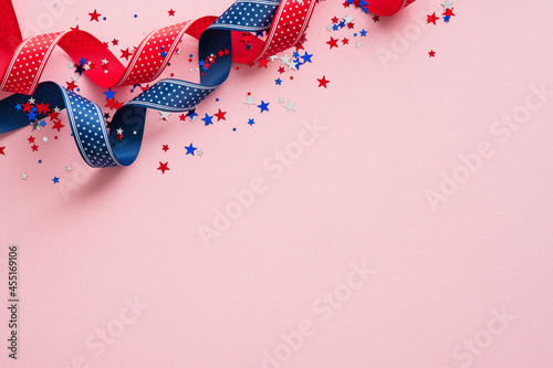 Murais de parede Happy Labor day USA banner mockup with confetti stars in American national colors and ribbons
