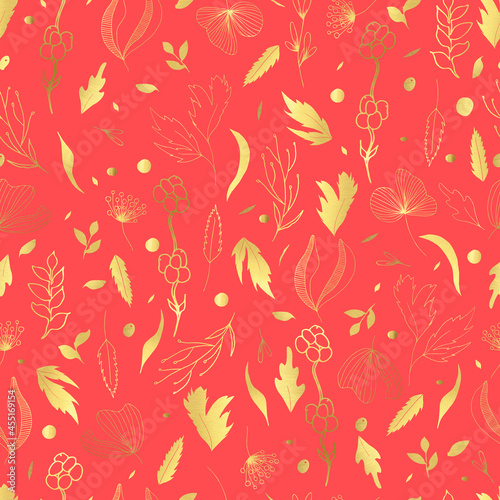 Vector seamless pattern of leaves and twigs. Golden botanical illustration © BormanT