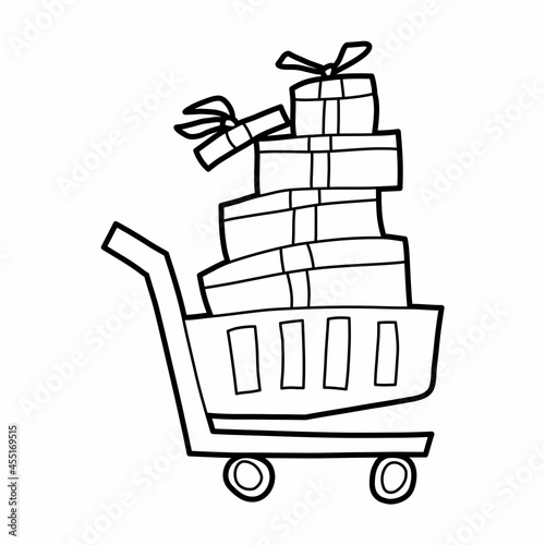 shopping cart trolley with present box vector illustration icon design template with outline doodle hand drawn style for shop and market