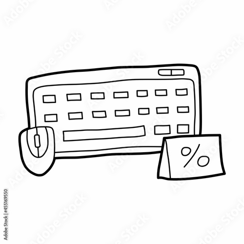 discount keyboard and mouse computer accessories set vector illustration icon design template with outline doodle hand drawn style for shop and market