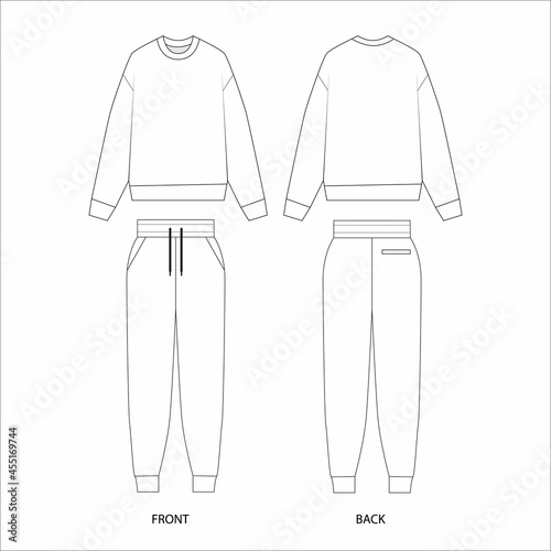 Joggers and sweatshirt set vector. Jersey tracksuit template. Knitted jogging suit. Joggers technical drawing. Jacket template vector. photo