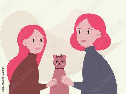 A mother gives her daughter a kitten. A woman and a little girl get a pet