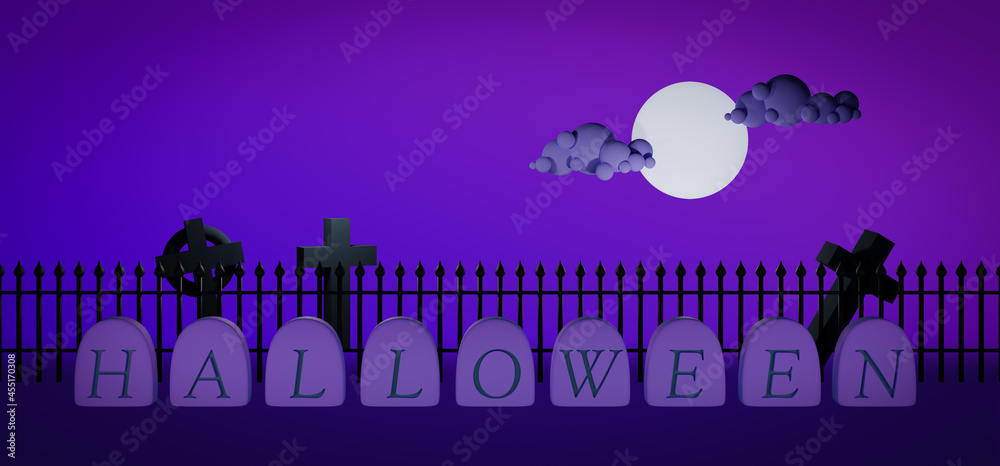 3D illustration Halloween background of grave yard with Halloween on head stones, night scene with moon and clouds.