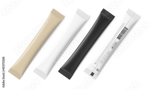 Set of blank realistic packing stick mockup. Front and rear side. Vector illustration isolated on white background. It can be used for sugar, coffee, ketchup, sous and etc. EPS10.