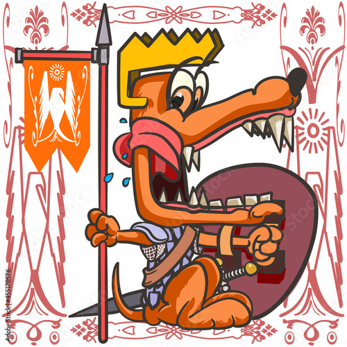 dog king with armour, a shield holding an eagle standard