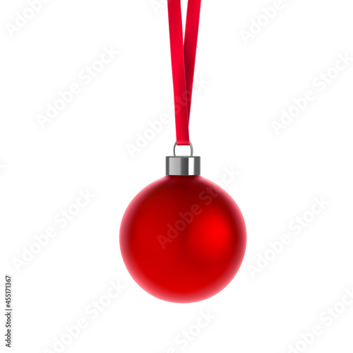 Realistic traditional Christmas ball on a red ribbon. Vector illustration isolated on white background. Ready for your design. EPS10.