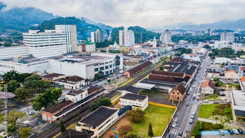 Jaraguá do Sul SC - Aerial view of the train station and city center of Jaraguá do Sul, Santa Catarina