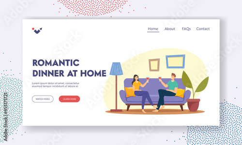 Romantic Dinner at Home Landing Page Template. Young Loving Couple Characters Spend Time Sitting on Couch Chatting, Drinking Wine. Love, Flirting Sparetime, Meeting. Cartoon People Vector Illustration