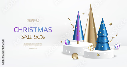 3D circle podium display with Christmas tree. Winter holiday background.
