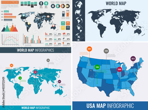 World map infographic template. All country are selectable. Vector illustration