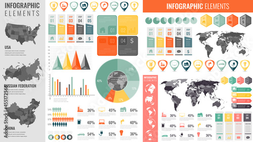 Infographic collection with world map and charts. Infographic template. Business and finance concept. Vector illustration photo