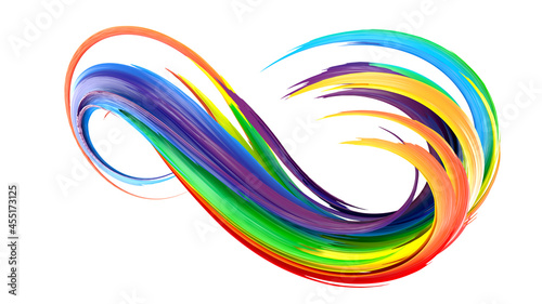 Multicolored abstract twisted brush stroke. Bright curl, artistic spiral. 3D rendering image