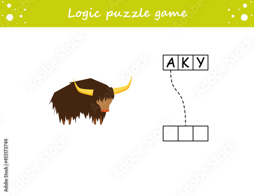 Logic puzzle game. Learning words YAK in english. Find the hidden name. Activity page for study English. Game for children. Vector illustration.