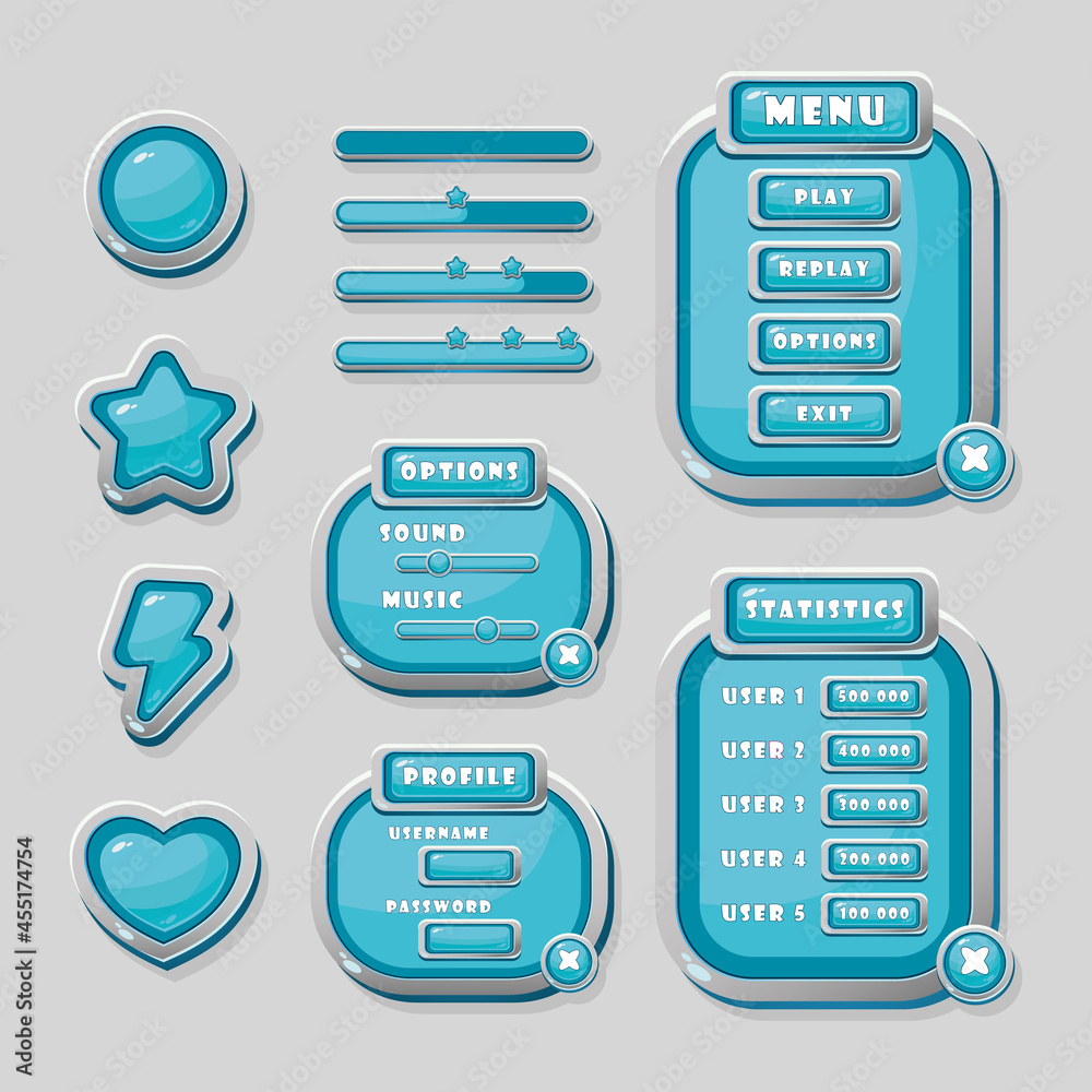 Blue vector buttons, a progress bar and navigation windows for the design of the game interface. Blue vector buttons, a progress bar and navigation windows for the design of the game interface.
