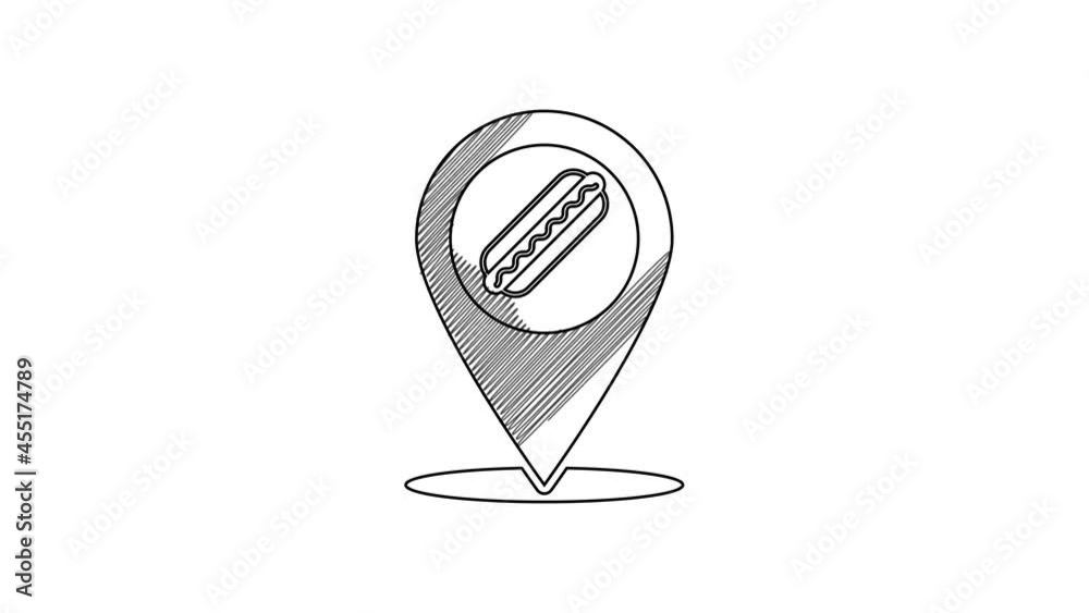 Black line Map pointer with fast food hotdog icon isolated on white background. Sausage icon. 4K Video motion graphic animation Black line Map pointer with fast food hotdog icon isolated on white background. Sausage icon. 4K Video motion graphic animation