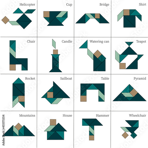Tangram puzzle game Schemas with different objects