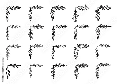 Corner flourish border set. Hand drawn doodle style corner with rustic floral element. Vector illustration border.