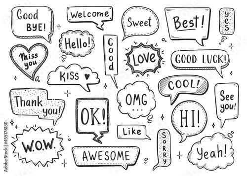 Comic speech bubble set with dialog word hi  ok  bye  welcome. Hand drawn sketch doodle style. Vector illustration speech bubble chat  message element.