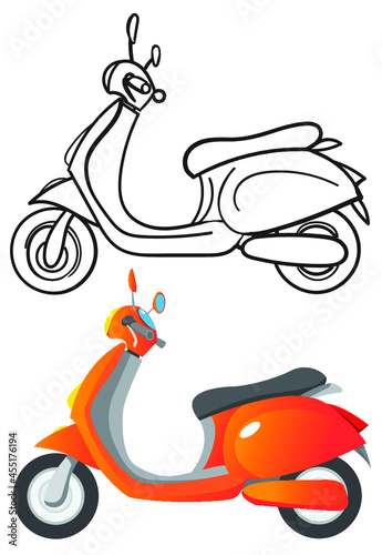 Vector illustration of scooter, outline black and white sketch and color version. Drawing tutorial