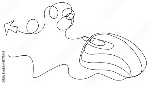 Computer mouse in one line in vector format. The customer clicks the arrow. Stock illustration with manipulative device on white isolate.