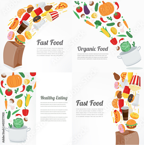 Health food and junk food background collection. Vector