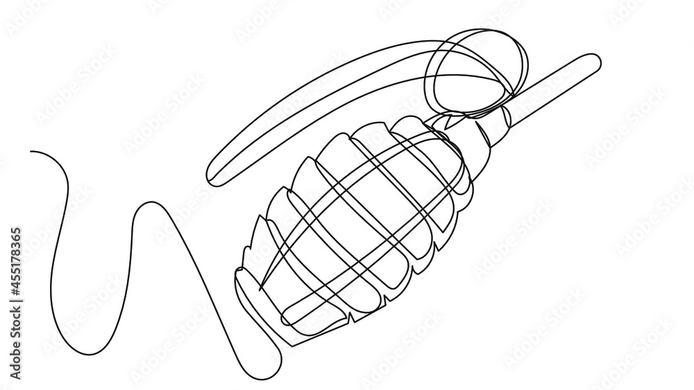 Hand ribbed grenade one line in vector format. Explosive weapon for throwing at enemies. A dangerous item for long range combat.