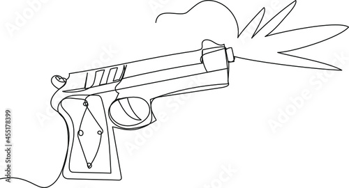 Pistol in one line on a white background. Vector illustration of Firearms. Shot from a pistol. Outline image of legalization of means of self-defense and protection against crime.