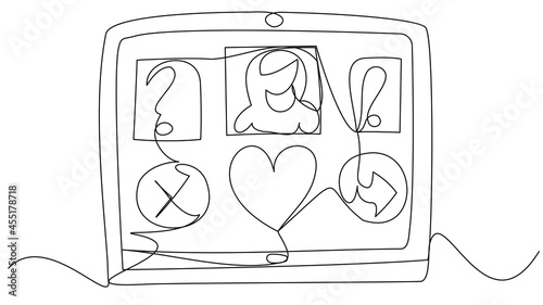 Online dating. Tablet with a photo of the girl and navigation elements. Searching for your love. Mutual sympathy. One line device in vector format.