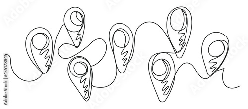 Single line location markers on a white background. Vector designation of logistics, delivery and transportation. Vector banner of burning tours, air travel, travel.