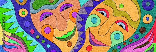 Funny masks, abstract people, clowns. Bright vector banner.