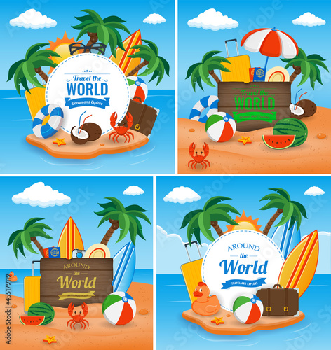 Travel and Tourism template with famous landmarks and travel stuff. Vector