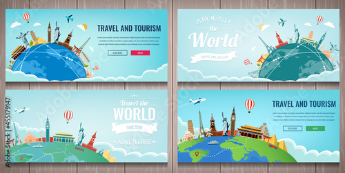 Fotografiet Travel and Tourism template with famous landmarks and travel stuff
