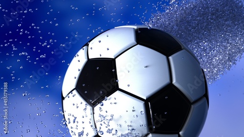 Soccer Ball with Diamond Water Particles under Blue Sky Lighting Background. 3D illustration. 3D high quality rendering. 3D CG. © DRN Studio