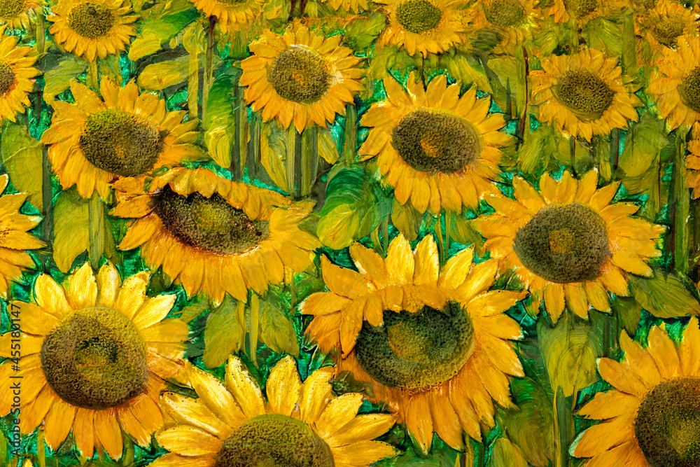 Fototapeta premium Fragment of vintage oil painting depicting sunflowers, heavily textured.
